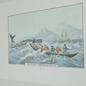 Currier & Ives Vtg Print Whale Fishery Laying On Ship Boat Ocean Lith Art Decor - Picture 1 of 6
