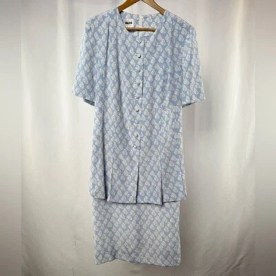 Vintage Leslie Fay Daisy Print Short Sleeve Dress in Blue White Size 16 - Image 1 of 4