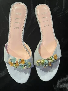 Elle Slip On Pastel Floral Embellishments Kitten Heels Light Blue 8M Shoes - Picture 1 of 5