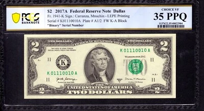 2017 A $2 FEDERAL RESERVE NOTE DALLAS BINARY SERIAL NUMBER PCGS B CHOICE VF 35 Q - Image 1 of 3