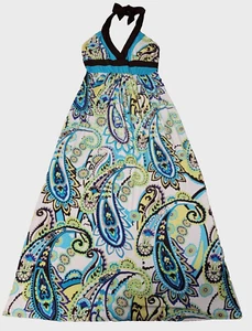 XOXO Women Halter Maxi White Green Blue Dress Size - Picture 1 of 5