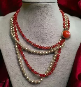 CORAL PINK PEACH 4 Strand Faux Pearl VTG 60s Moonglow Lucite BOX Clasp Necklace - Picture 1 of 7