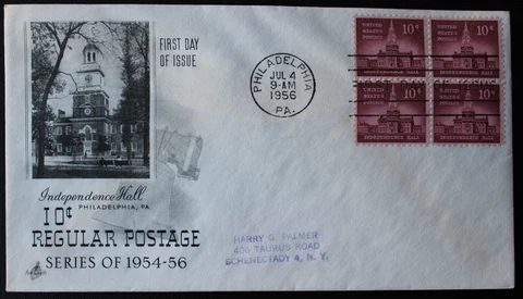 •	PHILADELPHIA 10C 1956 INDEPENDENCE HALL FIRST DAY COVER WITH STAMPS BLOCK Cover