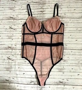 NWT Victorias Secret 245397 Pink Black Lace Fishnet Teddy Lingerie Sz Medium M - Bild 1 von 6