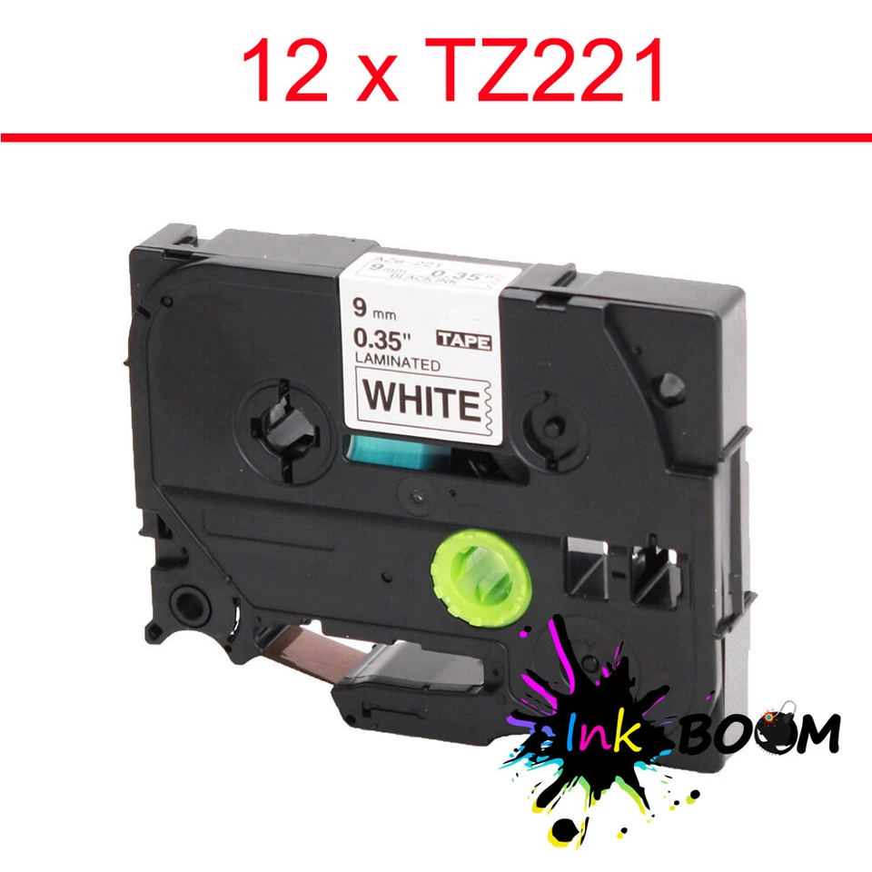 12 Label Black on White fits Brother TZ-221 TZe-221 9mm x 8m P-Touch Tape - Image 1 of 1