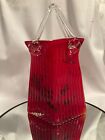 11" Red and Gold Flake Murano Style Glass Handle Purse / Basket Handblown Vase