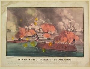 1863 CIVIL WAR FIRST BATTLE OF CHARLESTON HARBOR CURRIER & IVES LITHOGRAPH PRINT
