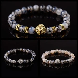 8MM Fashion Men's Natural Stone Gold/Silver Lion Buddha Beaded Charm Bracelets - Picture 1 of 59