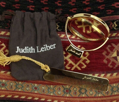 Italia JUDITH LEIBER Juego de peine espejo grande dorado en bolsa original, 2,5" de diámetro Foto 1 de 4