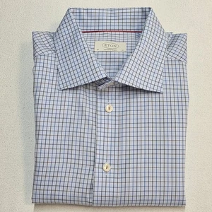 Quiet Luxury Eton of Sweden Dress Shirt Men 17 43 Blue Brown Check Cotton  - Picture 1 of 13