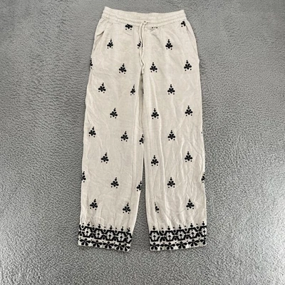 Pantalones Zara Mujer Pequeños Beige Negro Bordados Pierna Recta Vacaciones Boho Playa Foto 1 de 4