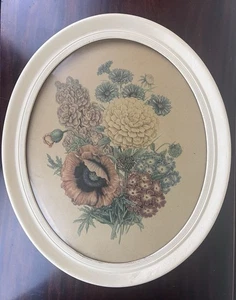 Antiker viktorianischer Blumenkunstdruck gerahmt oval Holzrahmen Landhaus Kern 19,25 Zoll - Bild 1 von 22