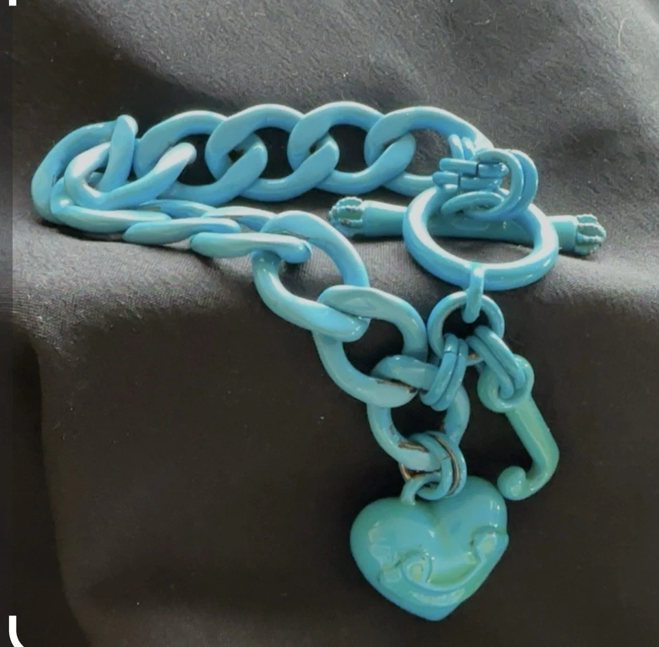 Juicy Couture Y2K Turquoise Enamel Puffy Heart Starter Charm Bracelet 7.5” - Image 1 of 4