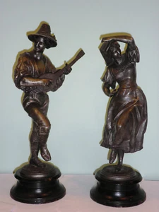 Antique Pair Bronzed Zamak Sculptures European Man Woman Dancer Musician 1930s - Picture 1 of 7