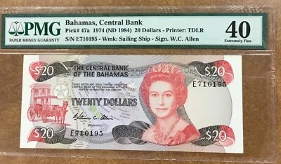 Bahamas $20 1974 (ND 1984)  P-47a.  PMG XF40  Allen signature - Image 1 of 4