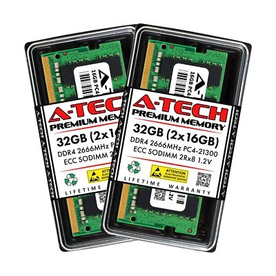 A-Tech 32GB (2x16GB) DDR4 2666MHz PC4-21300 (PC4-2666V) CL19 ECC SODIMM 2Rx8 ... - Image 1 of 4