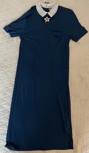 LANVIN Contrast Collar Pocket T-Shirt Dress Jeweled Placket Detail in Deep Blue - Picture 1 of 7
