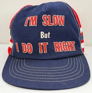Vintage 90s I’m Slow But I Do It Right Funny Trucker SnapBack Red White Blue USA - Picture 1 of 17