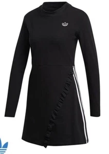 Adidas Originals Black Long Sleeve Mini Dress FU3865 Streetwear Ruffle Trim S - Picture 1 of 6