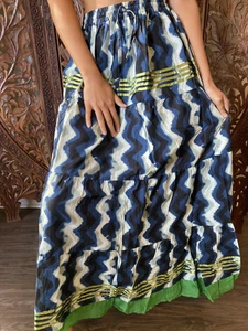 Boho Chic Gypsy Hippy Blue Cotton Long Skirt Ethnic Tiered Flared Long Skirts M