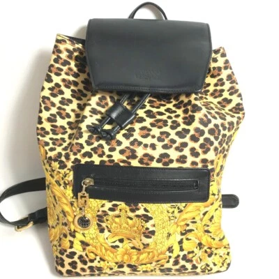 VERSACE Vintage Leopardo Mochila Bolso Mochila PVC/Cuero Amarillo/Negro Foto 1 de 4