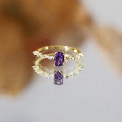 Natural Oval Cut Amethyst 14K Yellow Gold Plated Silver Dainty Engagement Ring - Image 1 of 4