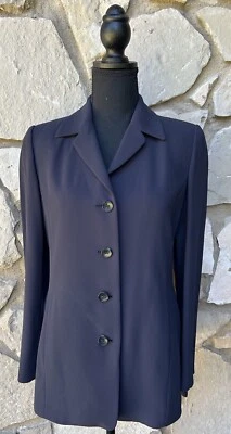 ELLEN TRACY Blazer Jacket Petite 4 Navy Blue Button Front Side Pockets Lined EC - Image 1 of 4