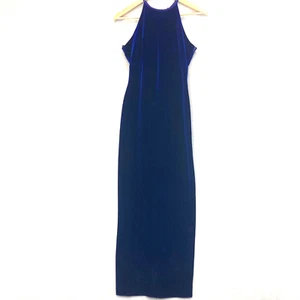 Vintage Niki Livas Blue Velvet Maxi Gown Dress Size 8 Lace Up Back Stretch Prom - Picture 1 of 18