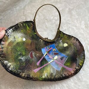 Vintage-Hand Painted-Silk Interior Purse Bag-Artwork-Stitching-Unique-Metallic