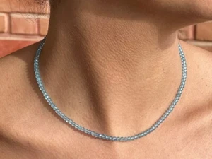 Blue Topaz Faceted Round 2-3MM Gemstone Beads Handmade Necklace For Men's 18" - Picture 1 of 10