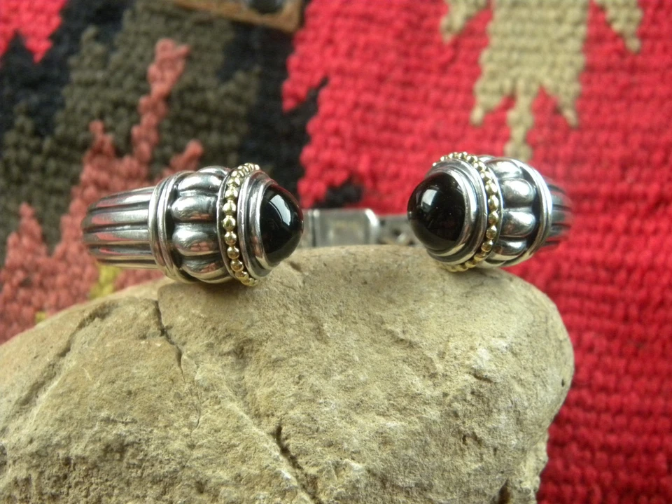 LAGOS Caviar 18k gold Sterling Silver Onyx Hinged Cuff Bracelet - Image 1 of 4