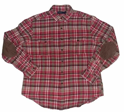 Camisa polo masculina xadrez vermelha flanela Ralph Lauren vintage camurça cotovelo remendo tamanho XL - Imagem 1 de 4