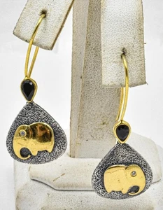 Modern Designer Sterling Silver Gold accents Blue Sapphire ELEPHANT Earrings - Picture 1 of 5
