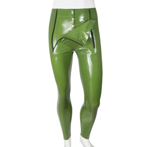 Latex Rubber Unique Green Pants Double Zip Versatile Trousers Open Hole Inside - Picture 1 of 8