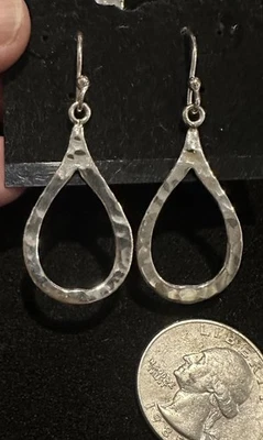 Unusual 925 Brutalist Hammered Sterling Silver Teardrop Earrings Modernist Hook - Image 1 of 4