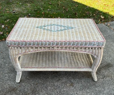 Vintage White Wicker Rattan Two Tier Coffee Table Pink & Blue 18.25"H 30.5"x19" - Image 1 of 4