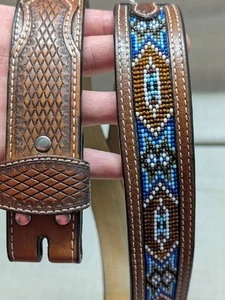 vintage NOCONA buckle belt BEADED native american 42 leather TOOLED western - Picture 1 of 16