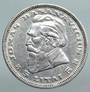 1936 LITHUANIA Silver 5 Litai JONAS BASANAVICIUS Vintage Lithuanian Coin i90219 - Picture 1 of 3