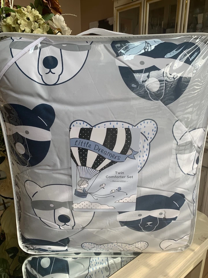 Комплект постельного белья Little Dreamers Twin Bears в горошек серый синий двусторонний НОВЫЙ - Изображение 1 из 4