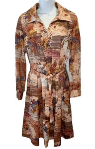 JAREE Vintage 1970s Floral Dress Brown Floral VNeck Spread Collar Belt Long Slve - Picture 1 of 13