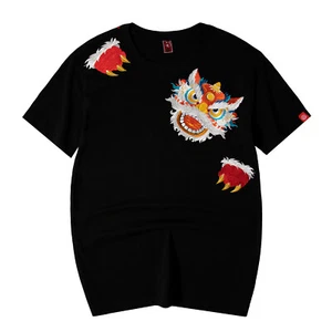 Niepce Men's Traditional Lion Dance Embroidered T-shirts Streetwear Half Sleeves - Picture 1 of 8