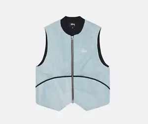Stussy Washed Canvas Primaloft Vest Light Blue Black Zip Logo - Size Medium NEW - Picture 1 of 7