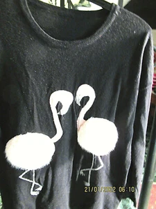 Damen Pullover Gr. 40 schwarz mit 2 Flamingos vorne TOP - Bild 1 von 7
