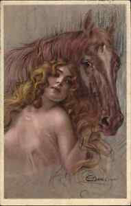 Nude Woman Horse Ethereal GUERZINI Art Deco c1920 Postcard