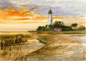 St. Marks Lighthouse Sunset. Florida Gulf Coast. Gerald Hill Watercolor Prints - Picture 1 of 2
