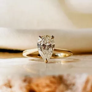 2 Ct Pear Cut Simulated Diamond Solitaire Engagement Ring 14k Yellow Gold Plated - Picture 1 of 6