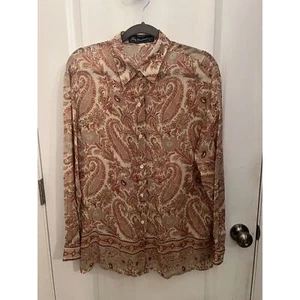 Vintage Burberrys Women's Paisley Brown Sheer 14 Button Down Shirt Cottagecore - Picture 1 of 8