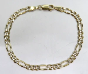Sparkly Solid 14K Yellow White Gold Figaro BRACELET diamond-cut 7-3/8" unisex - Picture 1 of 13