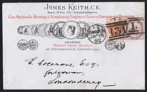1892 James Keith Heating & Ventilating Superb Advertising Envelope SG 172 1d - Picture 1 of 2