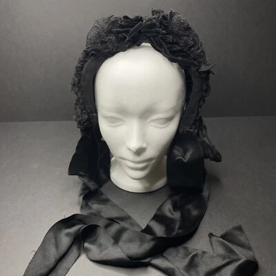 Antique 1860s Hat Victorian Black Silk Mourning Funeral 2-Piece Bonnet - Image 1 of 4